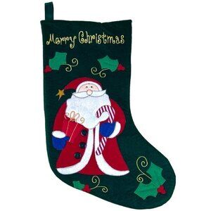 Santa Claus Green Velour Christmas Holiday Stocking Embroidered Applique 16"